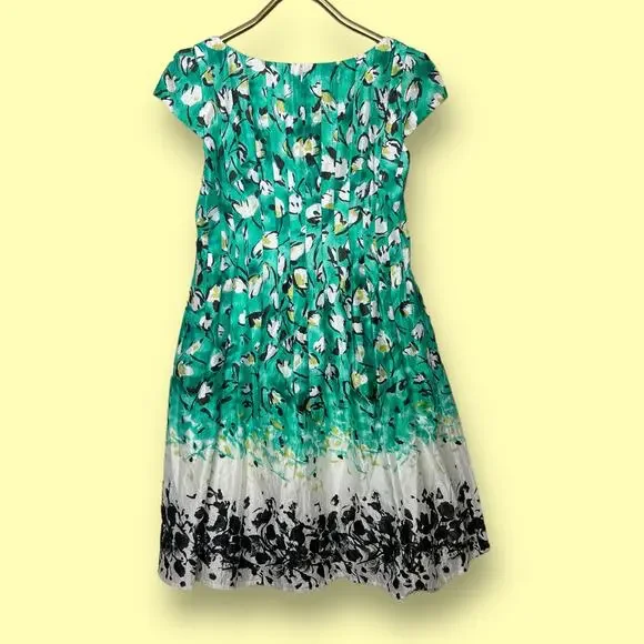 Kay Unger Dress Green Silk Cotton Blend Floral Fit Flare Scoop Neck Size 12 - Picture 13 of 13